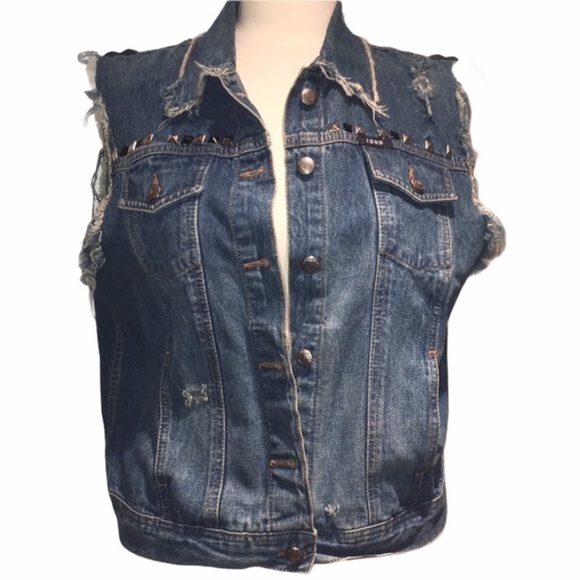 IZOD Denim vest studded retro Y2K P/L punk preppy 100% cotton distressed… - Picture 1 of 6